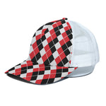 Red Black And White Argyle Print White Mesh Trucker Cap
