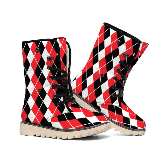 Red Black And White Argyle Print Winter Boots