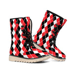 Red Black And White Argyle Print Winter Boots