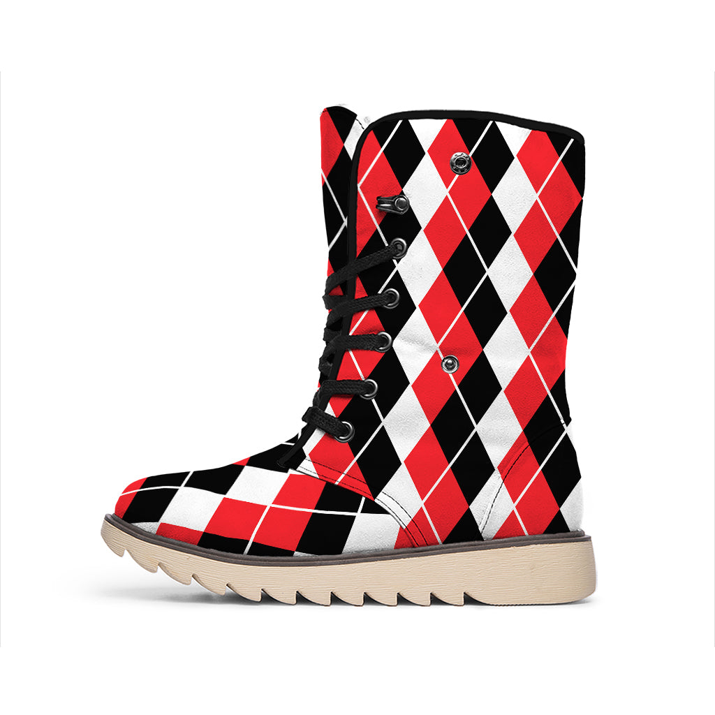 Red Black And White Argyle Print Winter Boots