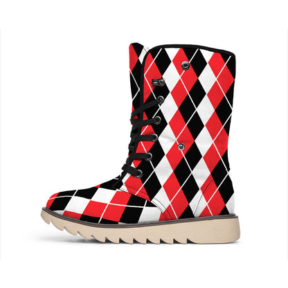 Red Black And White Argyle Print Winter Boots