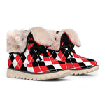 Red Black And White Argyle Print Winter Boots