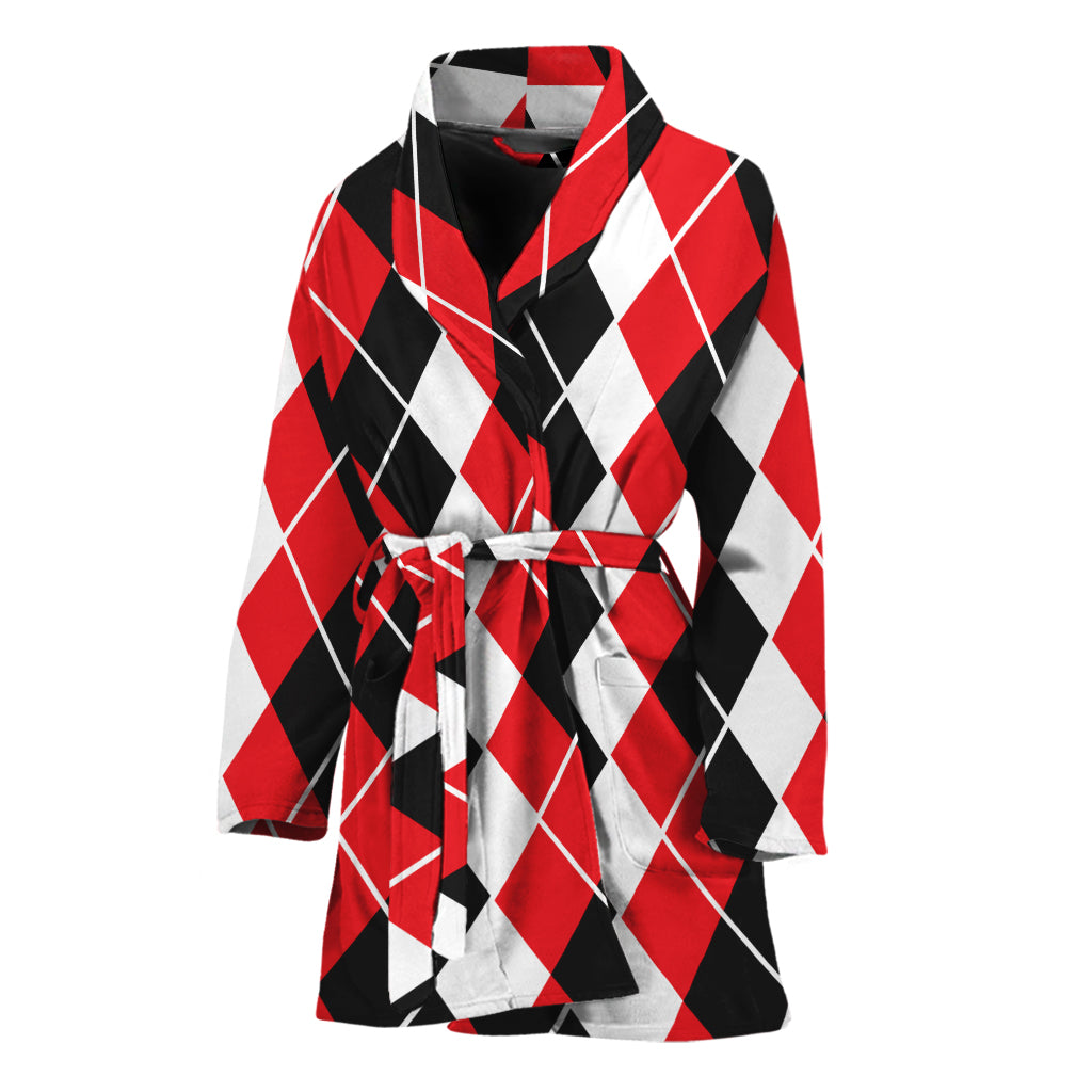 Red Black And White Argyle Print Women's Bathrobe