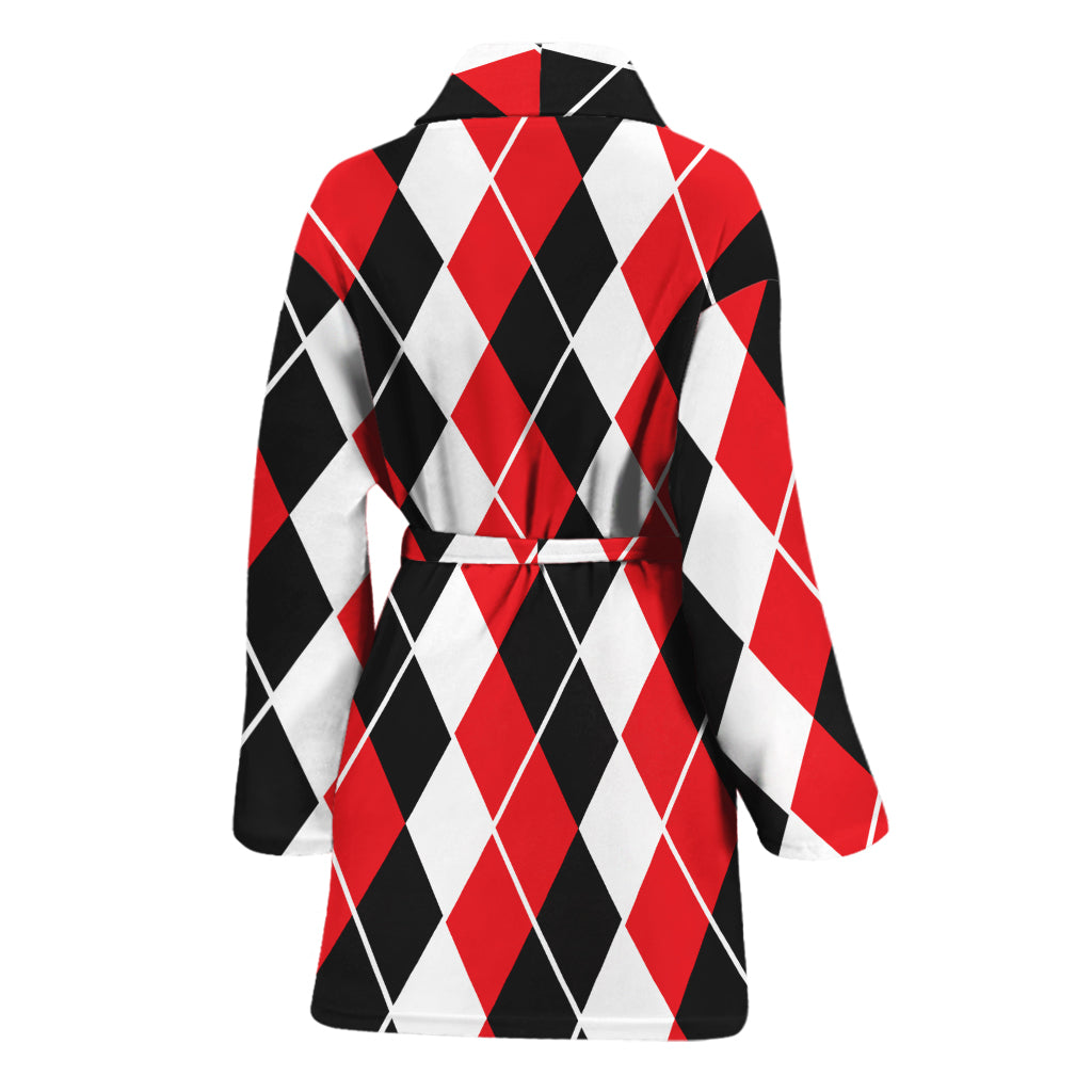 Red Black And White Argyle Print Women's Bathrobe