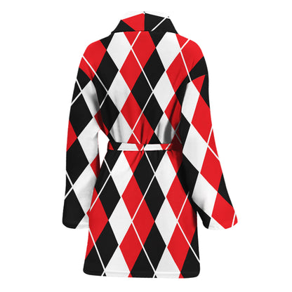 Red Black And White Argyle Print Women's Bathrobe