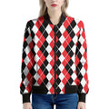 Red Black And White Argyle Print Women's Bomber Jacket