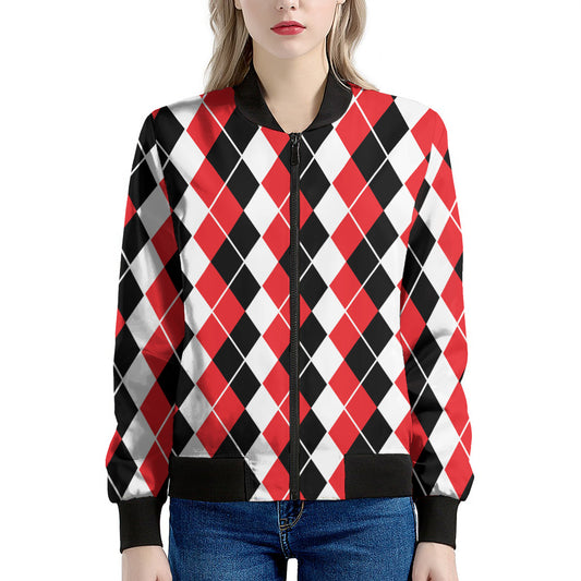 Red Black And White Argyle Print Women's Bomber Jacket