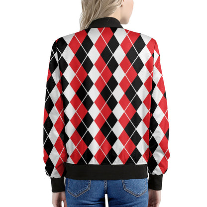 Red Black And White Argyle Print Women's Bomber Jacket