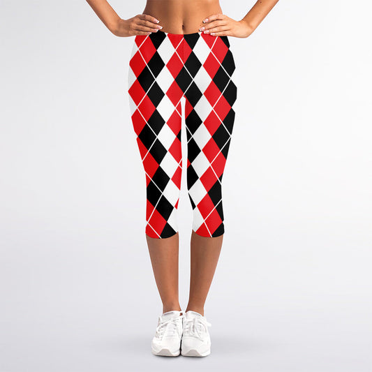 Red Black And White Argyle Print Women's Capri Leggings