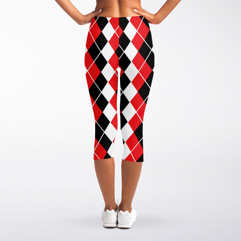 Red Black And White Argyle Print Women's Capri Leggings