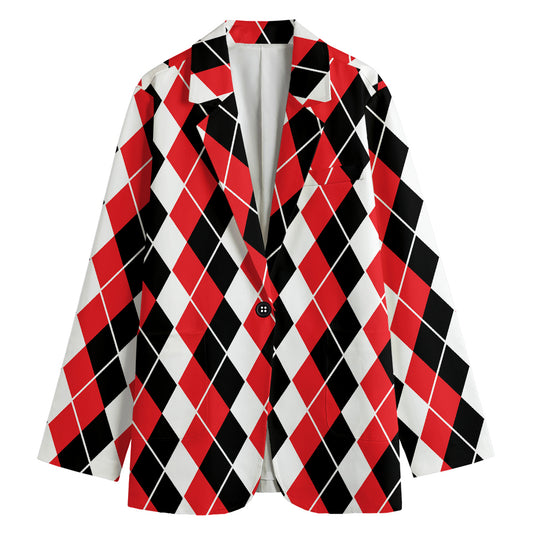 Red Black And White Argyle Print Women's Cotton Blazer