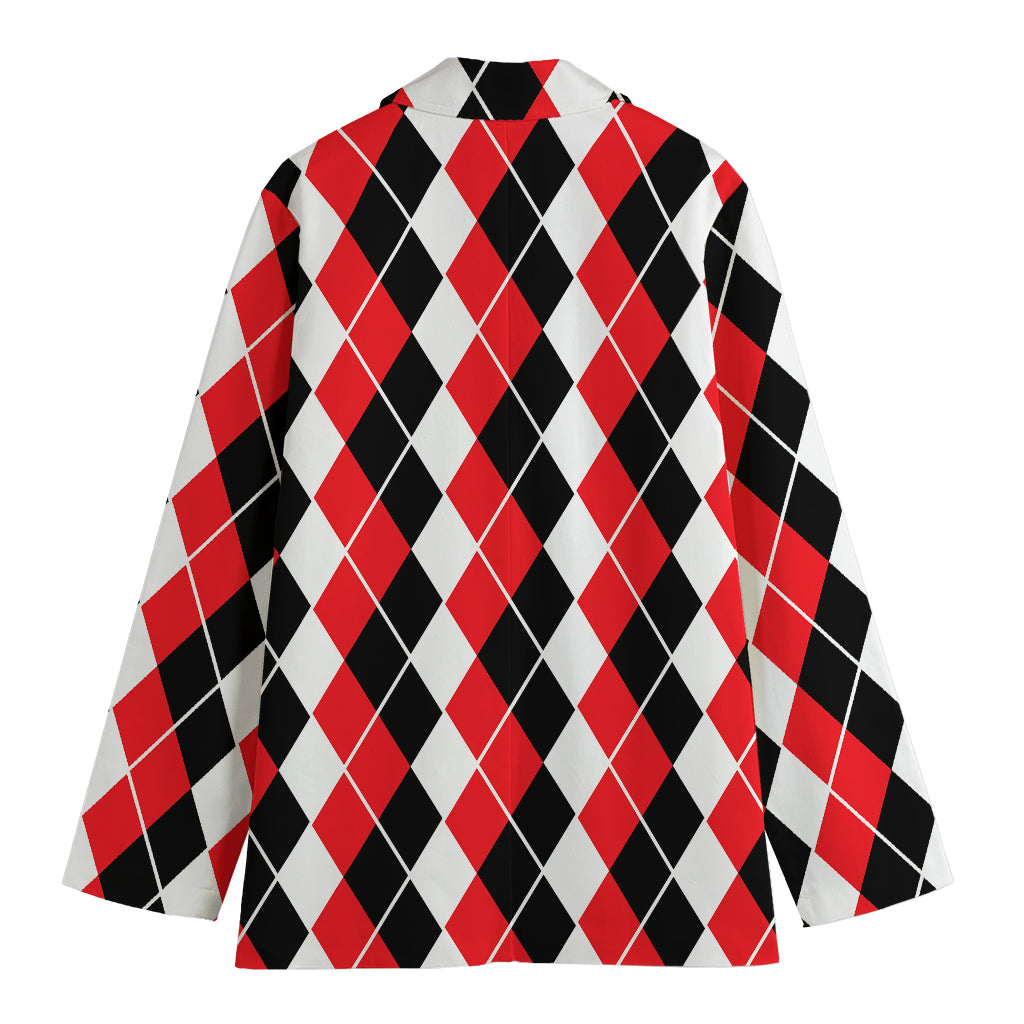 Red Black And White Argyle Print Women's Cotton Blazer