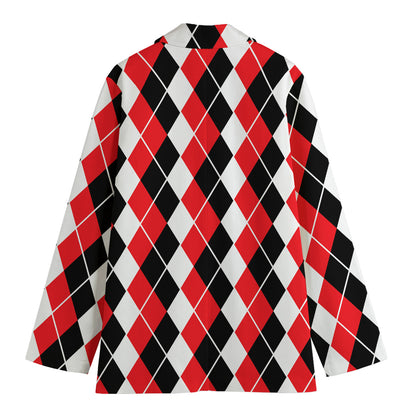 Red Black And White Argyle Print Women's Cotton Blazer