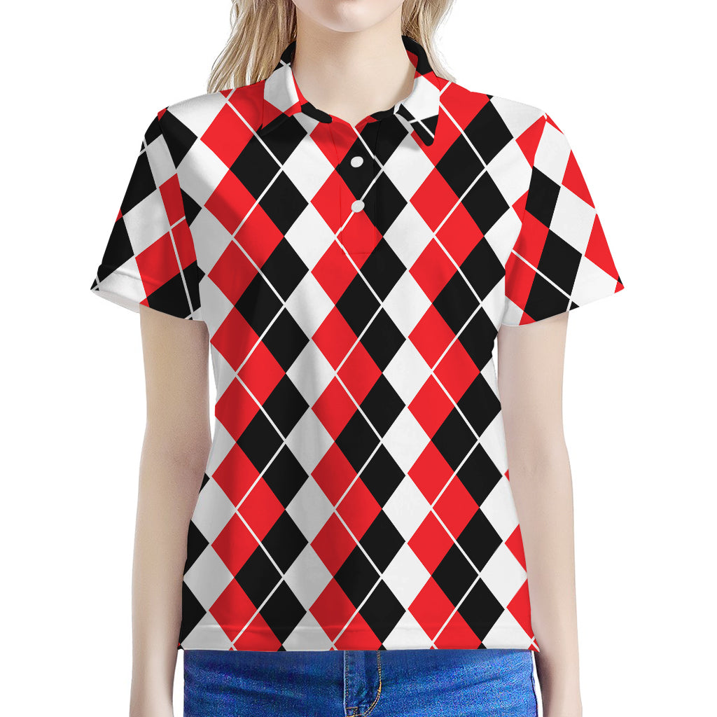 Red Black And White Argyle Print Women's Polo Shirt