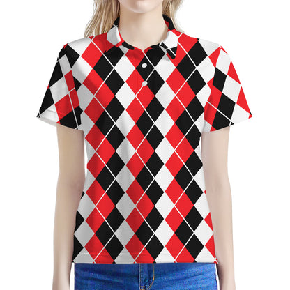 Red Black And White Argyle Print Women's Polo Shirt