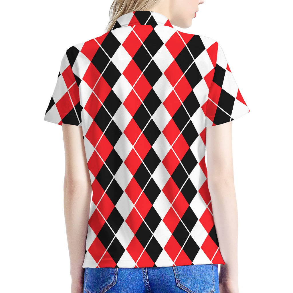 Red Black And White Argyle Print Women's Polo Shirt