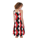 Red Black And White Argyle Print Women's Sleeveless Dress