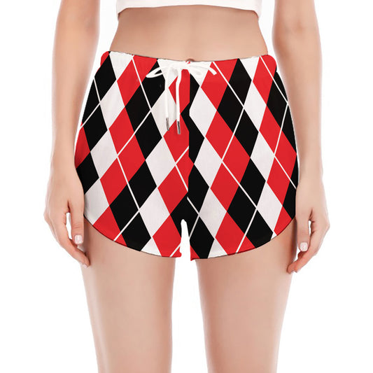 Red Black And White Argyle Print Women's Split Running Shorts