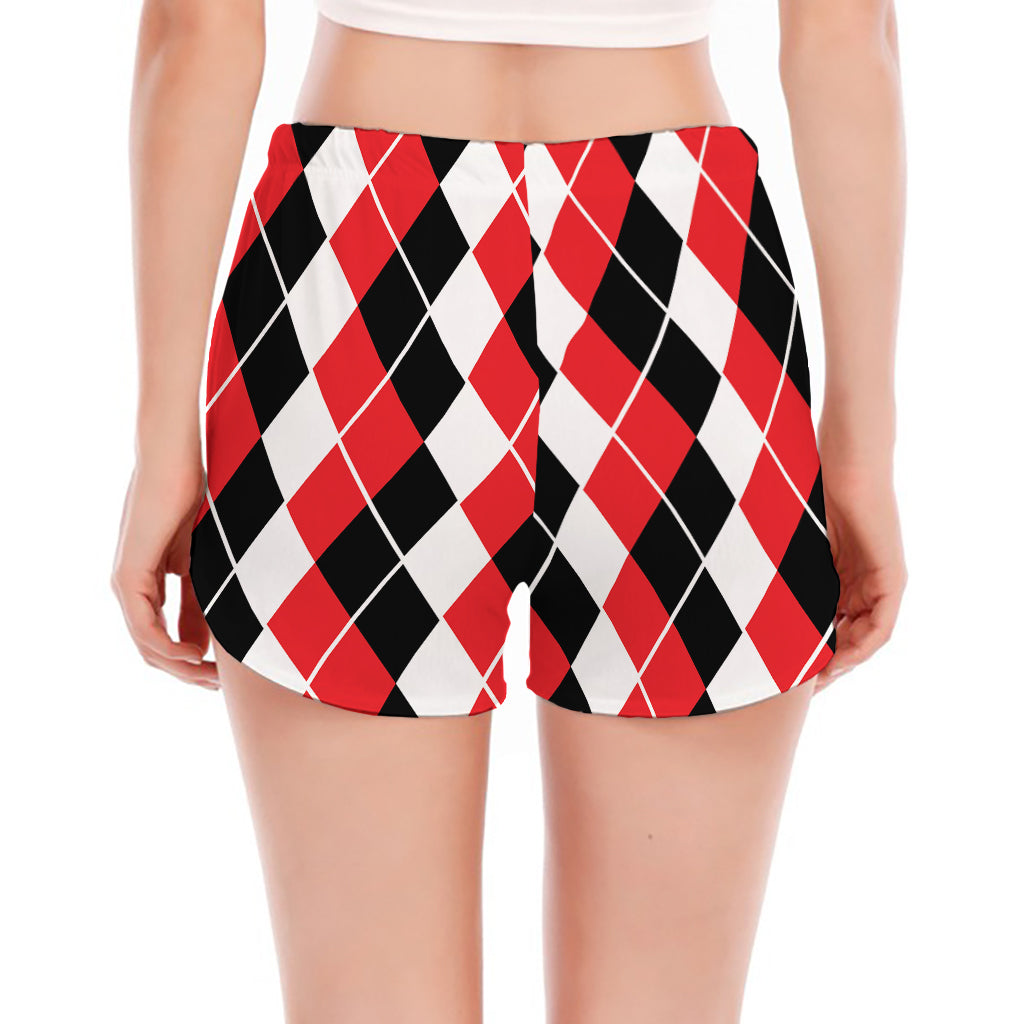 Red Black And White Argyle Print Women's Split Running Shorts