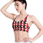 Red Black And White Argyle Print Women's Sports Bra