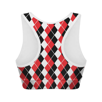 Red Black And White Argyle Print Women's Sports Bra