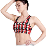 Red Black And White Argyle Print Women's Sports Bra