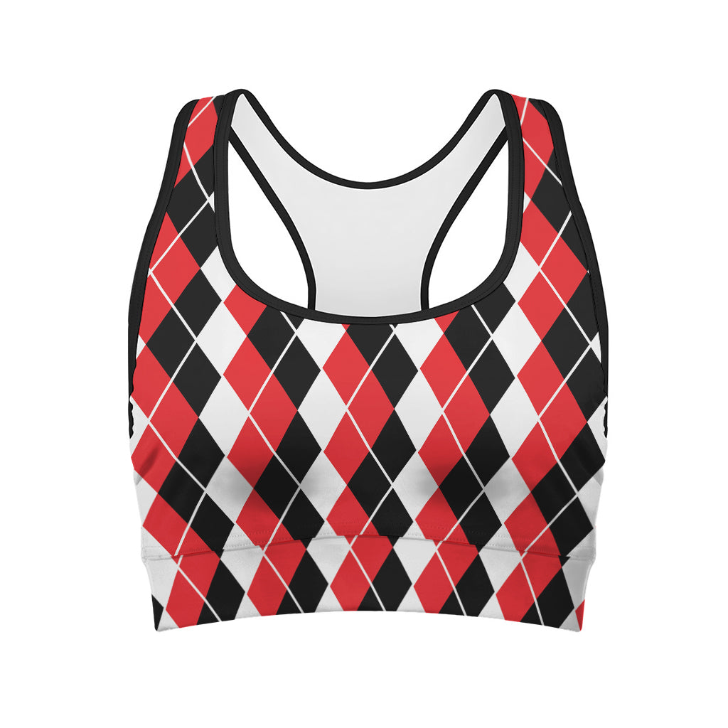 Red Black And White Argyle Print Women's Sports Bra