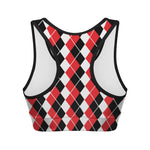 Red Black And White Argyle Print Women's Sports Bra