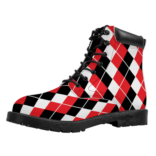 Red Black And White Argyle Print Work Boots