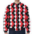 Red Black And White Argyle Print Zip Sleeve Bomber Jacket