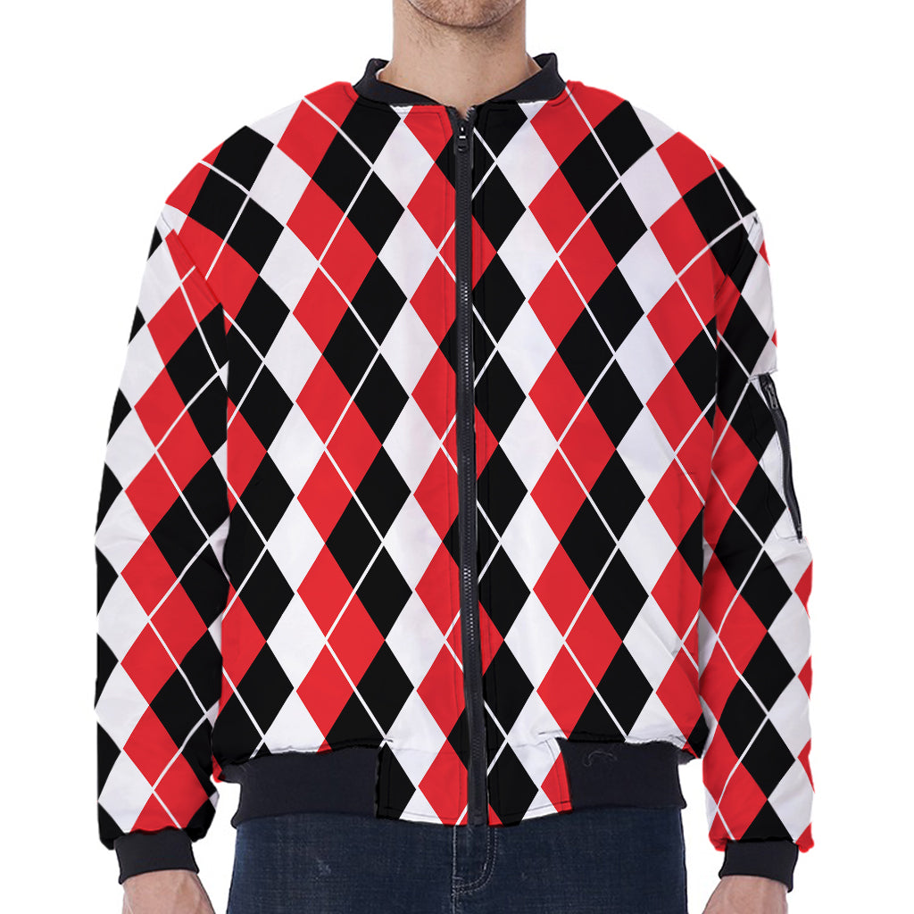 Red Black And White Argyle Print Zip Sleeve Bomber Jacket