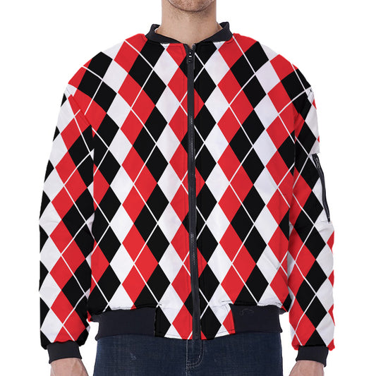 Red Black And White Argyle Print Zip Sleeve Bomber Jacket