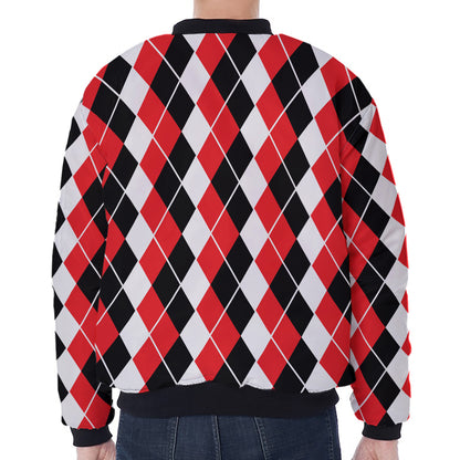 Red Black And White Argyle Print Zip Sleeve Bomber Jacket