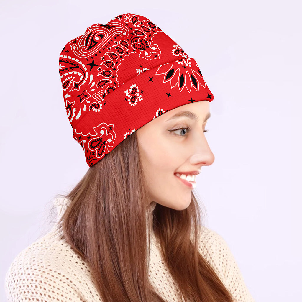 Red Black And White Bandana Print Beanie