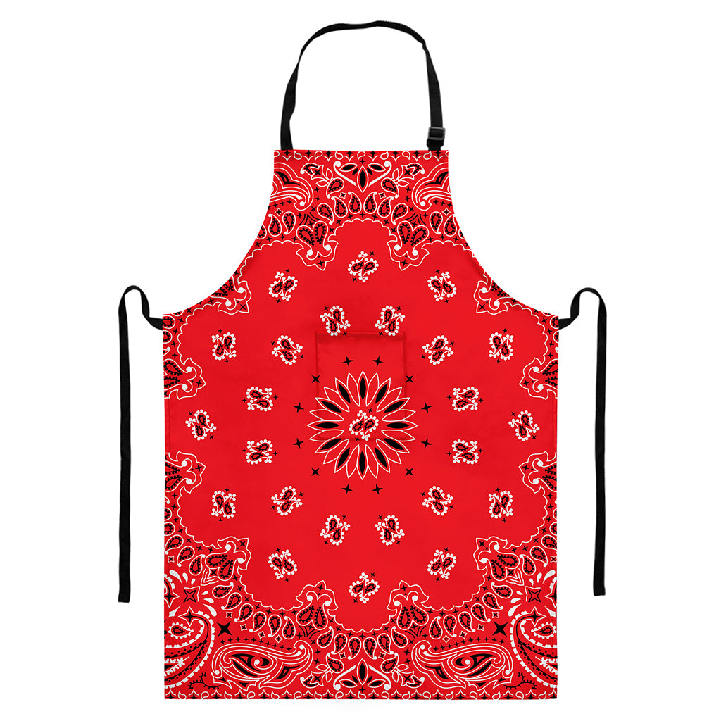 Red Black And White Bandana Print Bib Apron With Pocket