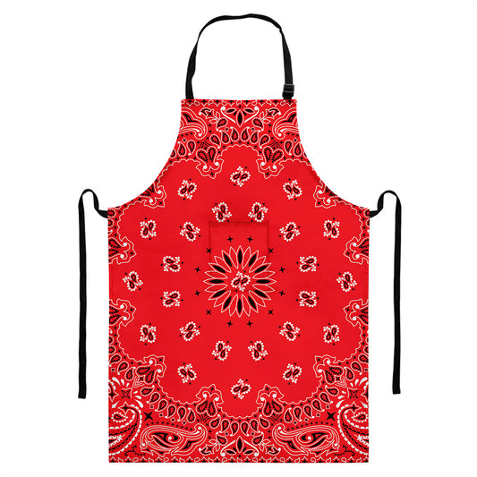 Red Black And White Bandana Print Bib Apron With Pocket