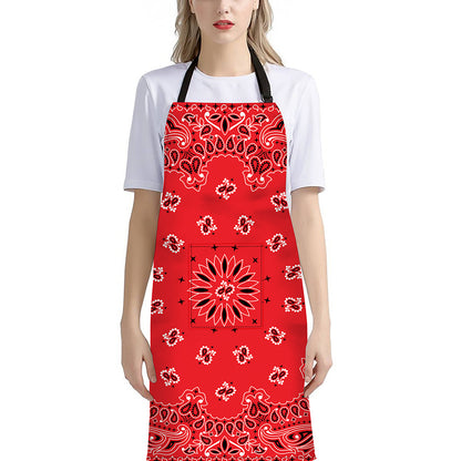 Red Black And White Bandana Print Bib Apron With Pocket