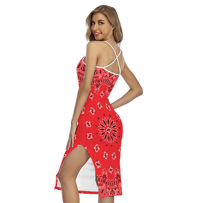 Red Black And White Bandana Print Cross Back Cami Dress