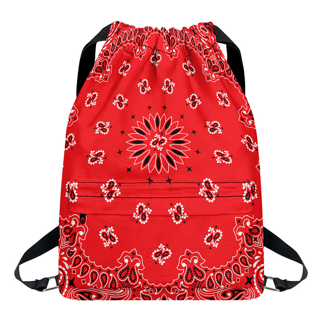 Red Black And White Bandana Print Drawstring Backpack