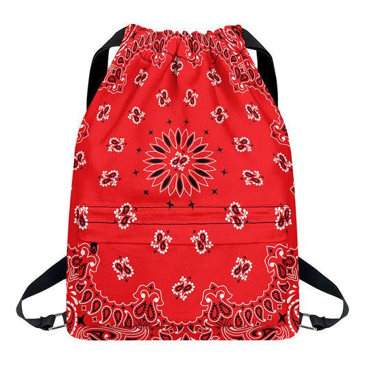 Red Black And White Bandana Print Drawstring Backpack