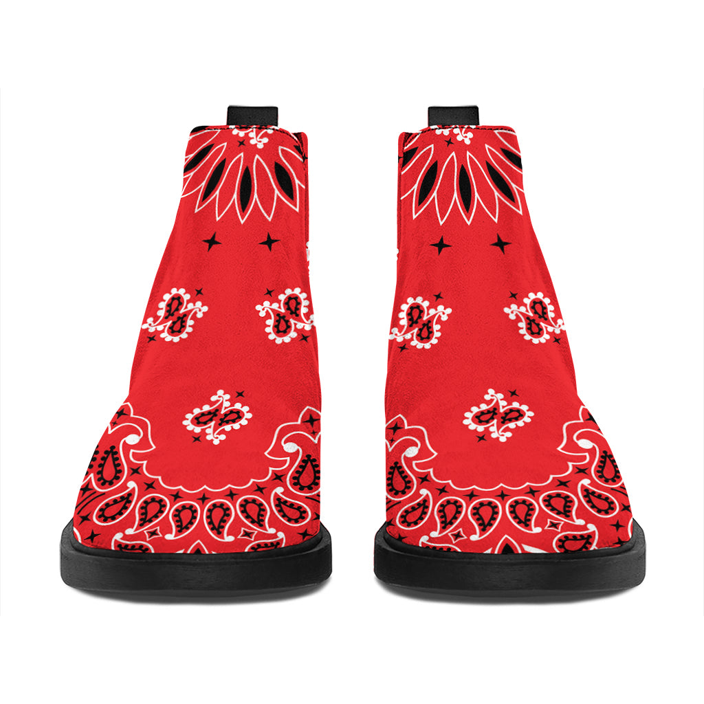 Red Black And White Bandana Print Flat Ankle Boots