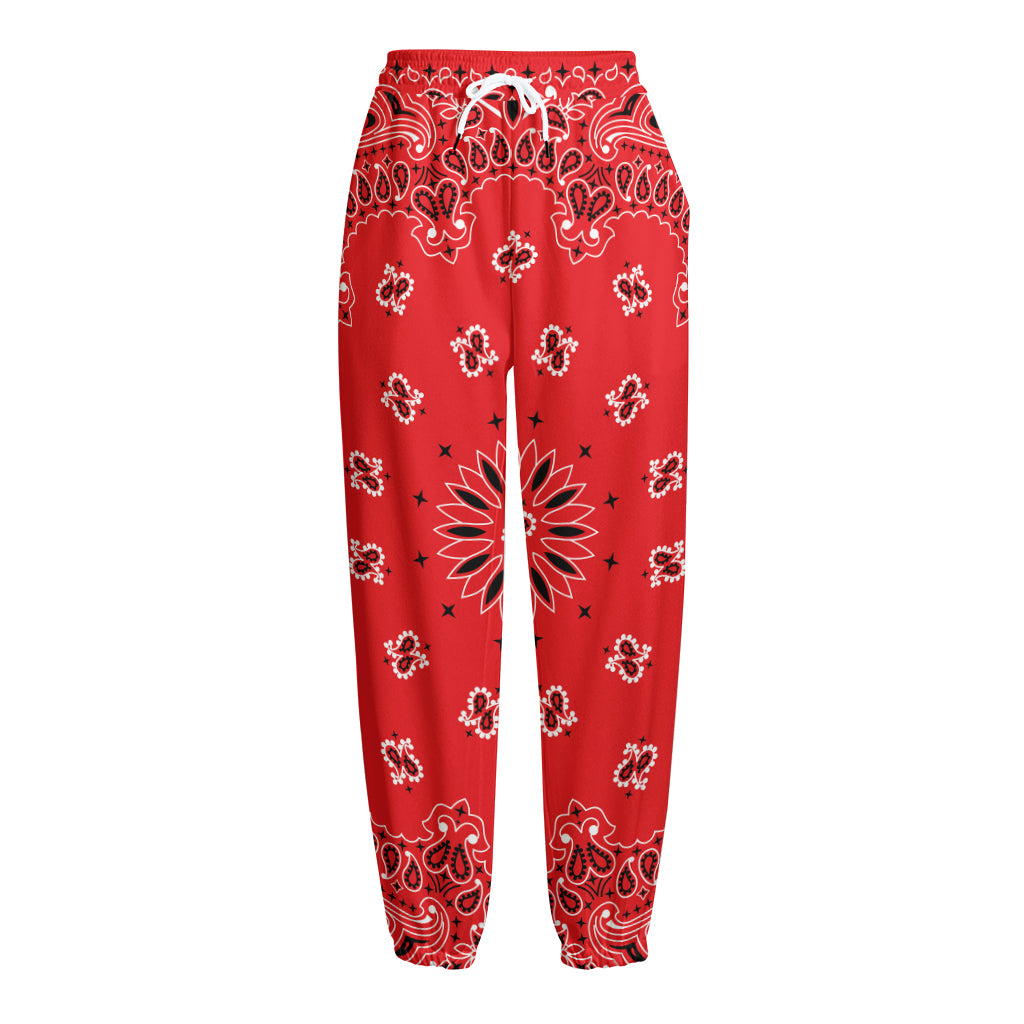 Red Black And White Bandana Print Fleece Lined Knit Pants