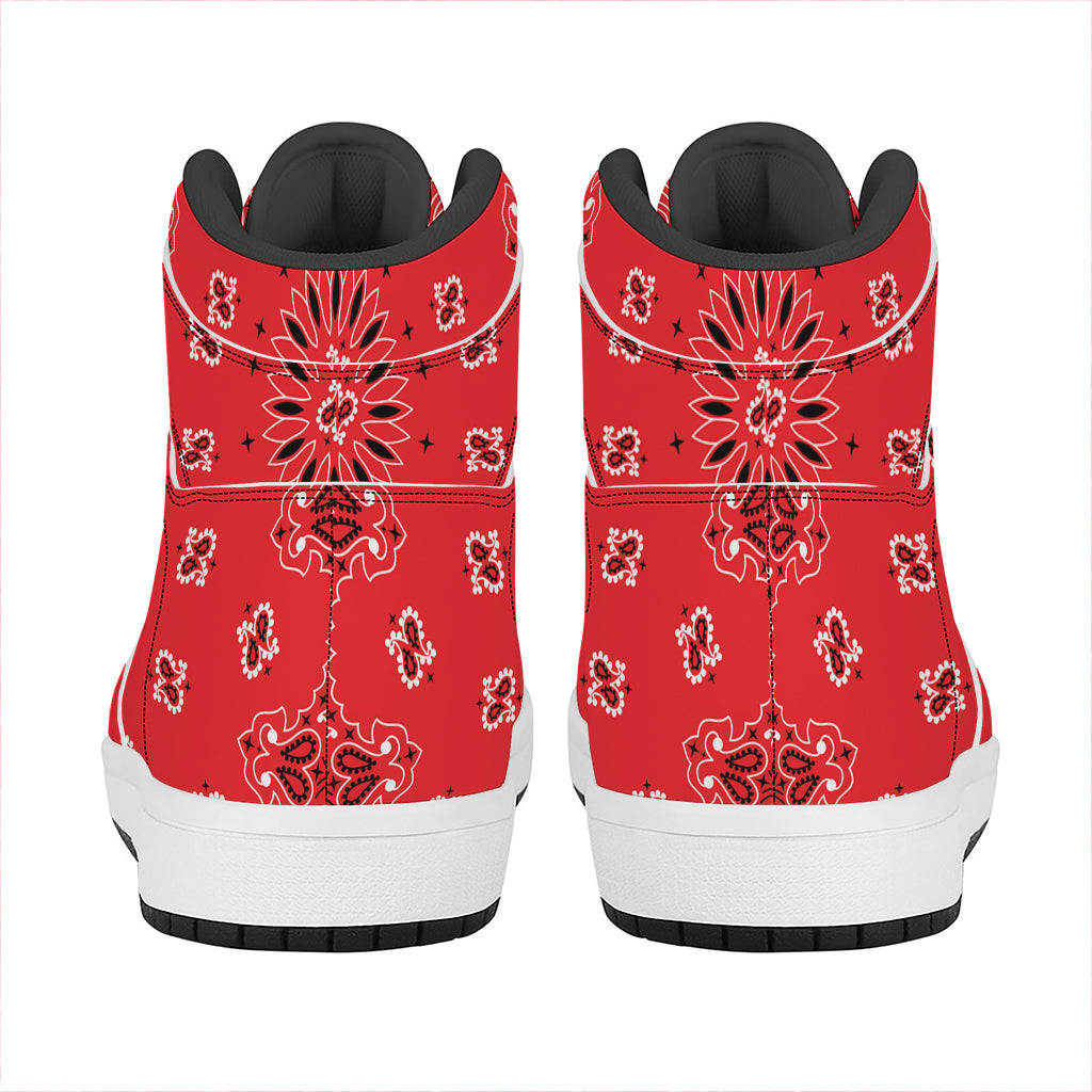Red Black And White Bandana Print High Top Leather Sneakers