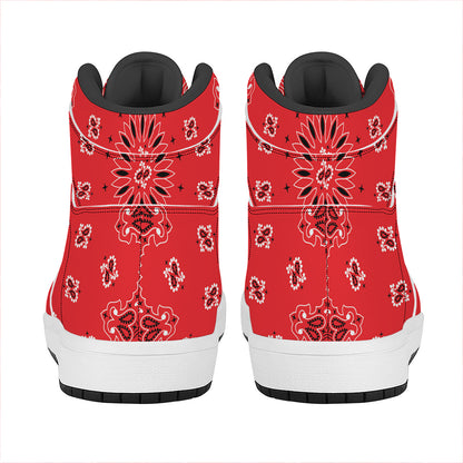 Red Black And White Bandana Print High Top Leather Sneakers