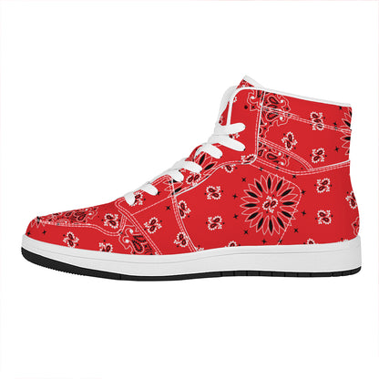 Red Black And White Bandana Print High Top Leather Sneakers