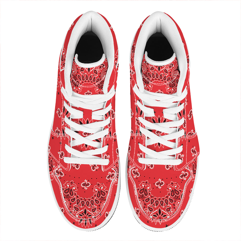 Red Black And White Bandana Print High Top Leather Sneakers