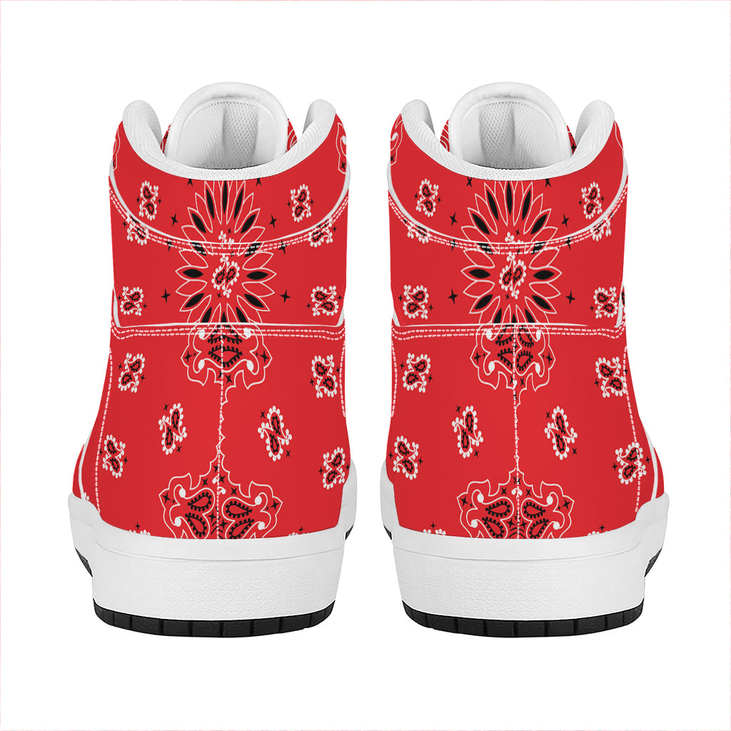 Red Black And White Bandana Print High Top Leather Sneakers