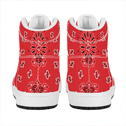 Red Black And White Bandana Print High Top Leather Sneakers