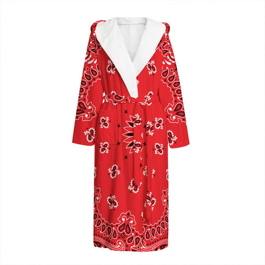 Red Black And White Bandana Print Hooded Bathrobe
