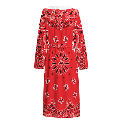 Red Black And White Bandana Print Hooded Bathrobe
